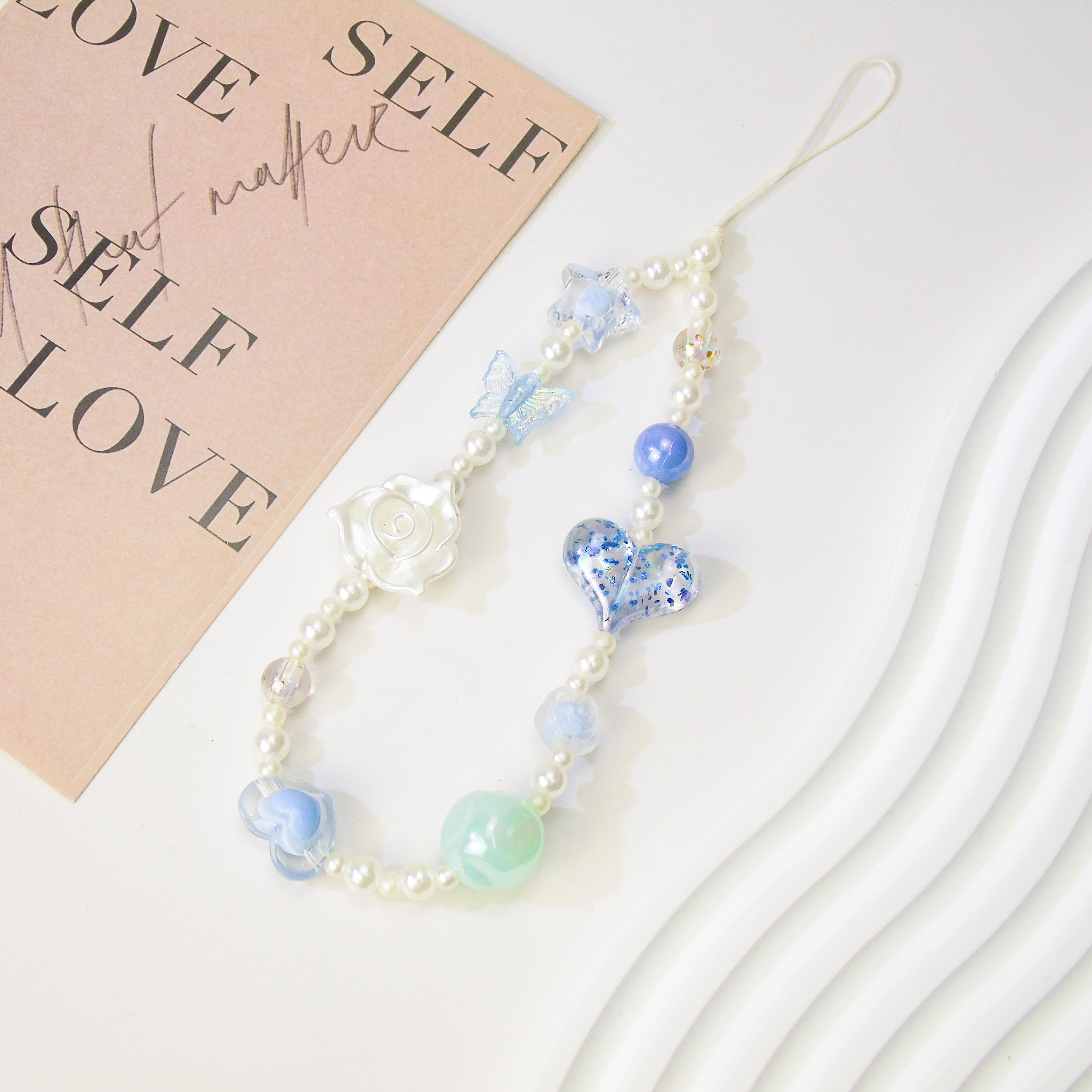 Fashion Multi-Color Phone Chain with Acrylic Beaded Romantic Bouquet and Heart Design Anti-Loss Bag Charm for All Phone Models