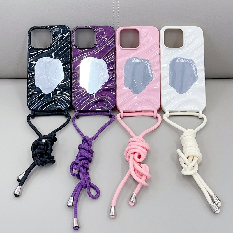 girls lanyard strap crossbody necklace mirror makeup selfie wave shape hard pc ultra thin mobile phone cases