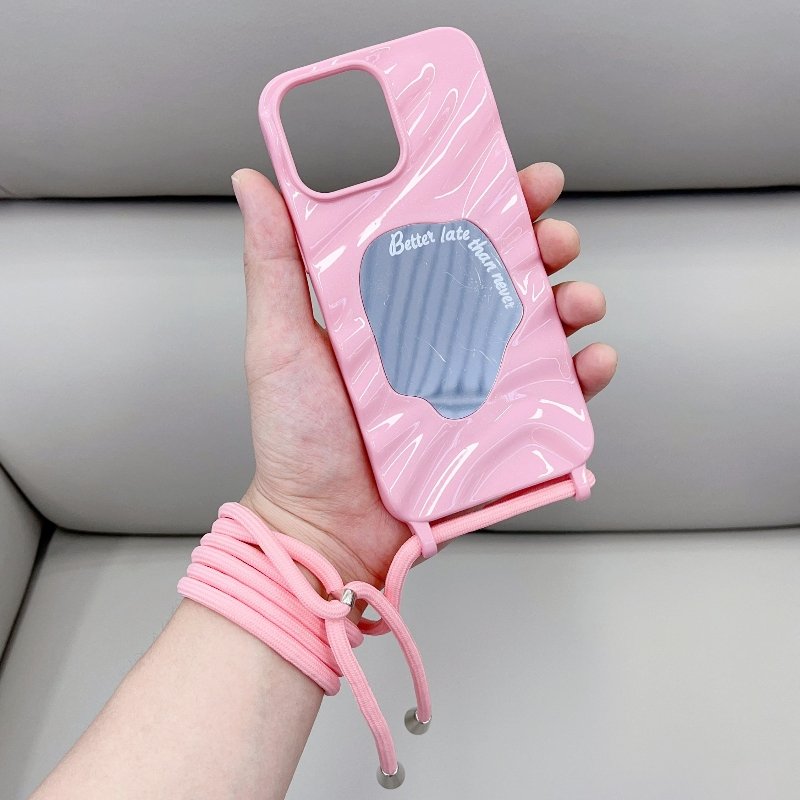 girls lanyard strap crossbody necklace mirror makeup selfie wave shape hard pc ultra thin mobile phone cases