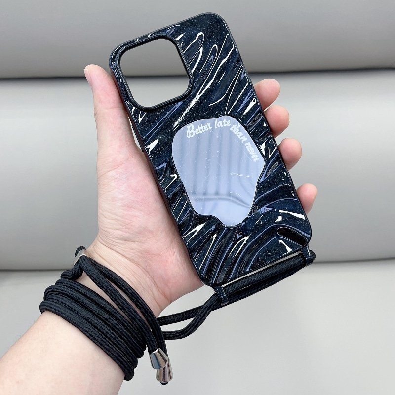 girls lanyard strap crossbody necklace mirror makeup selfie wave shape hard pc ultra thin mobile phone cases