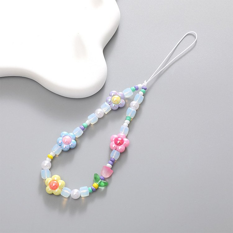 Hand made maiden heart pink Bear crystal mobile phone straps Beaded chain universal phone case chain accessories flower