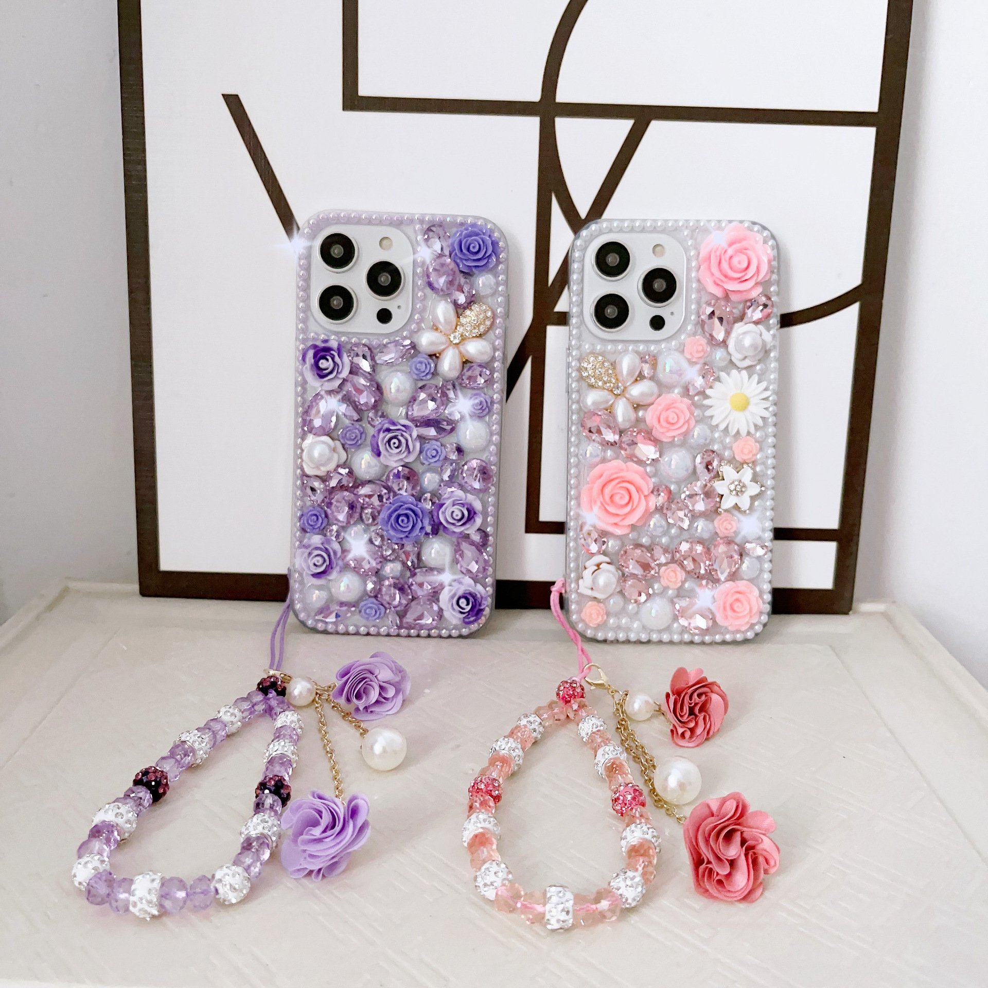 Luxury Women Girls Bling Glitter Diamond Rhinestone Pearl Flower Phone Case For iphone 15 pro max Cover With Beads Bracelet