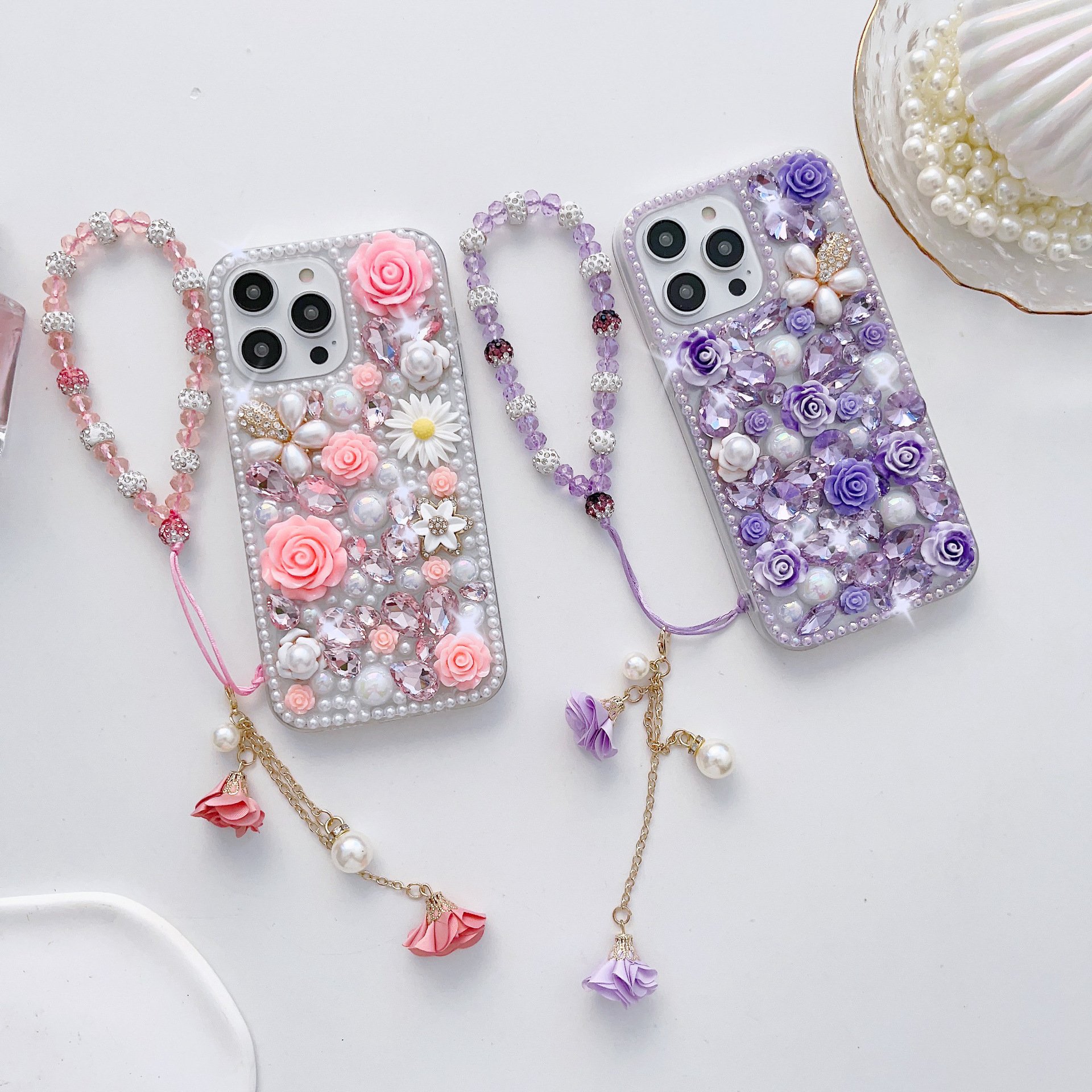 Luxury Women Girls Bling Glitter Diamond Rhinestone Pearl Flower Phone Case For iphone 15 pro max Cover With Beads Bracelet
