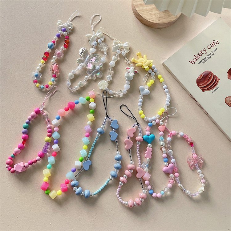 Ins style hot sale cute chain mobile phone straps Pearl love heart chain New Colorful Crystal Beads Charms Wrist Lanyard