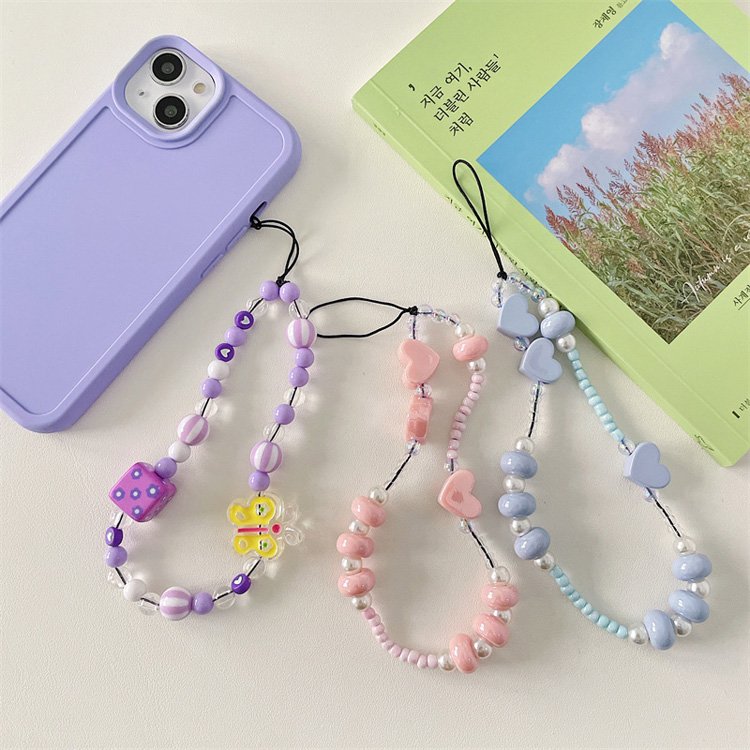 Ins style hot sale cute chain mobile phone straps Pearl love heart chain New Colorful Crystal Beads Charms Wrist Lanyard