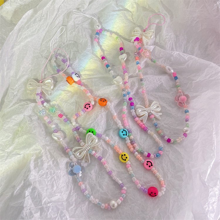 Ins style hot sale cute chain mobile phone straps Pearl love heart chain New Colorful Crystal Beads Charms Wrist Lanyard