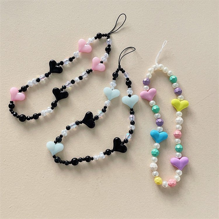 Ins style hot sale cute chain mobile phone straps Pearl love heart chain New Colorful Crystal Beads Charms Wrist Lanyard