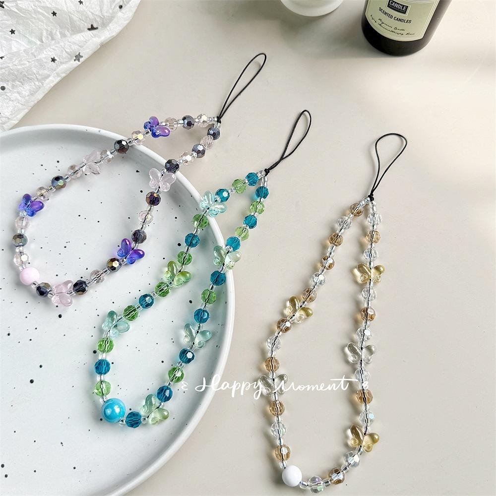 Crystal Butterfly Flower Mobile Phone Lanyard ccd Pendant Decorative Chain Bag Hanging Bracelet Anti-loss Keychain Wrist Strap