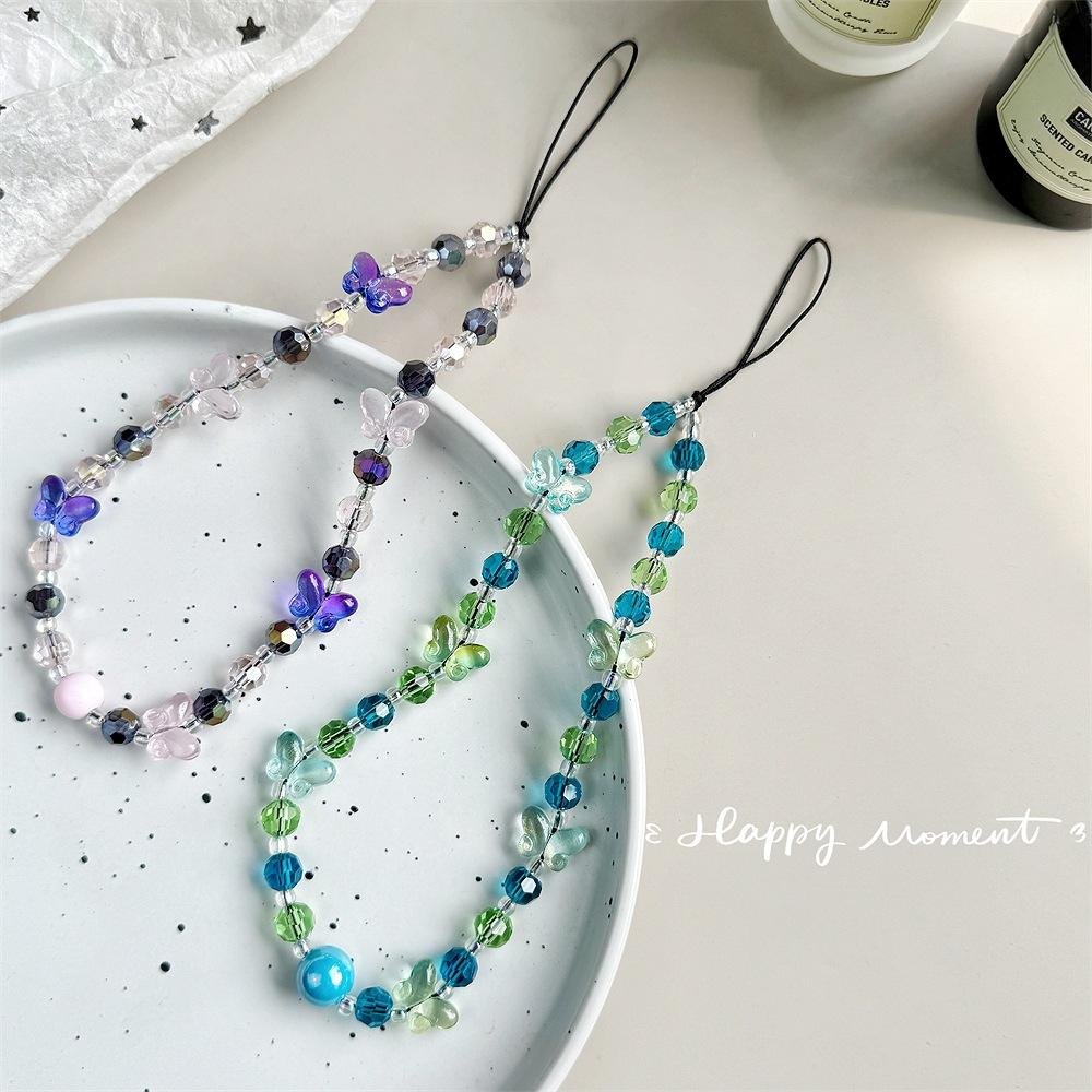 Crystal Butterfly Flower Mobile Phone Lanyard ccd Pendant Decorative Chain Bag Hanging Bracelet Anti-loss Keychain Wrist Strap