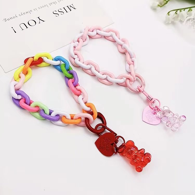 Mobile phone lanyard short wrist rope crystal bear pendant female ins wind jewelry pendant anti-loss lanyard mobile phone straps