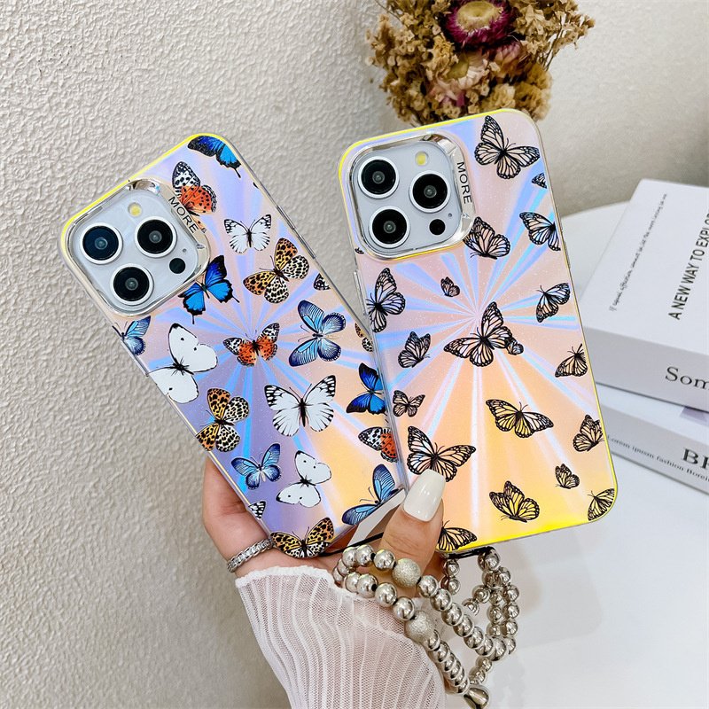 Luxury Plating Laser Aurora Colorful Butterfly Phone Case for iphone 16 Pro Max 15 14 13 Love Heart Chain Shockproof Cover