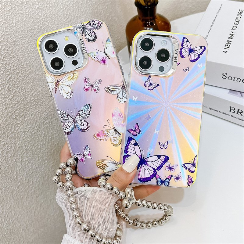Luxury Plating Laser Aurora Colorful Butterfly Phone Case for iphone 16 Pro Max 15 14 13 Love Heart Chain Shockproof Cover