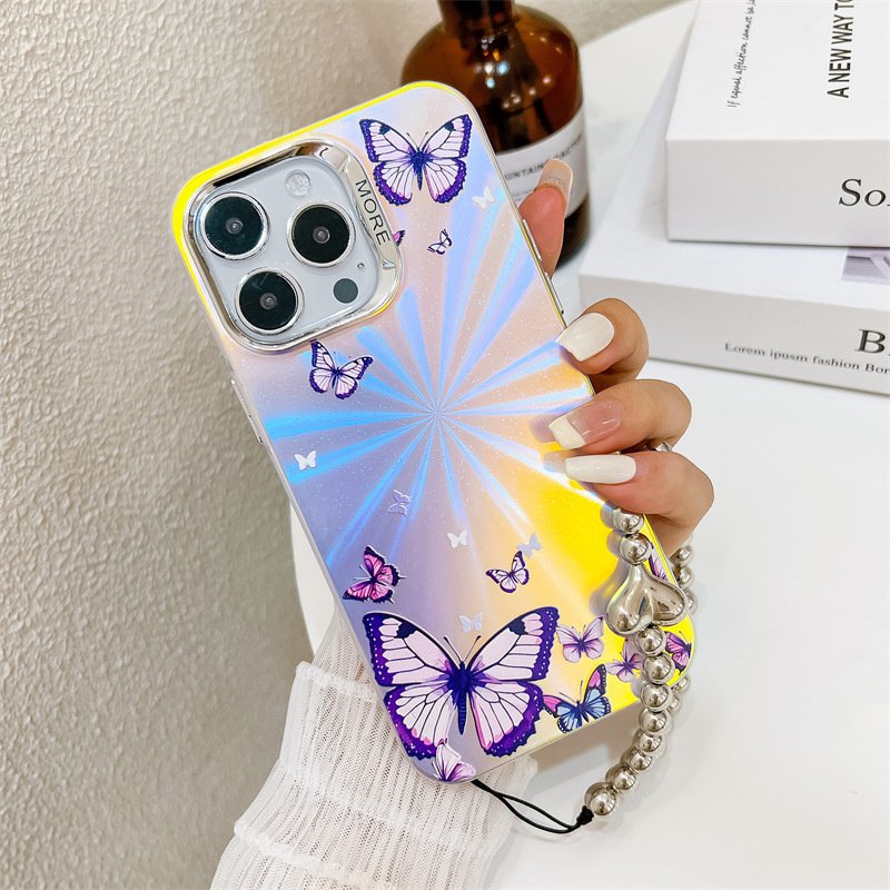 Luxury Plating Laser Aurora Colorful Butterfly Phone Case for iphone 16 Pro Max 15 14 13 Love Heart Chain Shockproof Cover