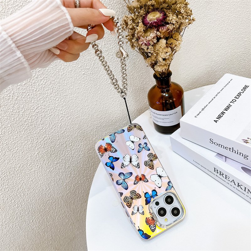 Luxury Plating Laser Aurora Colorful Butterfly Phone Case for iphone 16 Pro Max 15 14 13 Love Heart Chain Shockproof Cover