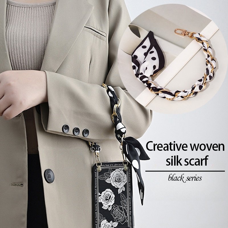 Black phone Lange wrist mobile phone chain network celebrity selling creative woven custom printed silk scarf phone strap