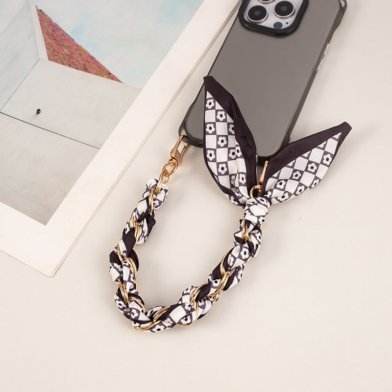 Black phone Lange wrist mobile phone chain network celebrity selling creative woven custom printed silk scarf phone strap