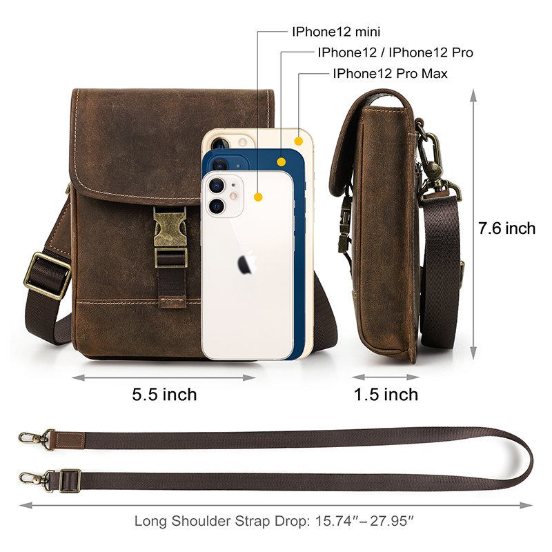 Hidden Magnetic Buckle Design Genuine Leather Shoulder Bag with Adjustable Strap Mobile Phone Bag For Iphone 12 Pro Max MB191