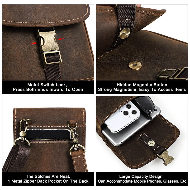 Hidden Magnetic Buckle Design Genuine Leather Shoulder Bag with Adjustable Strap Mobile Phone Bag For Iphone 12 Pro Max MB191