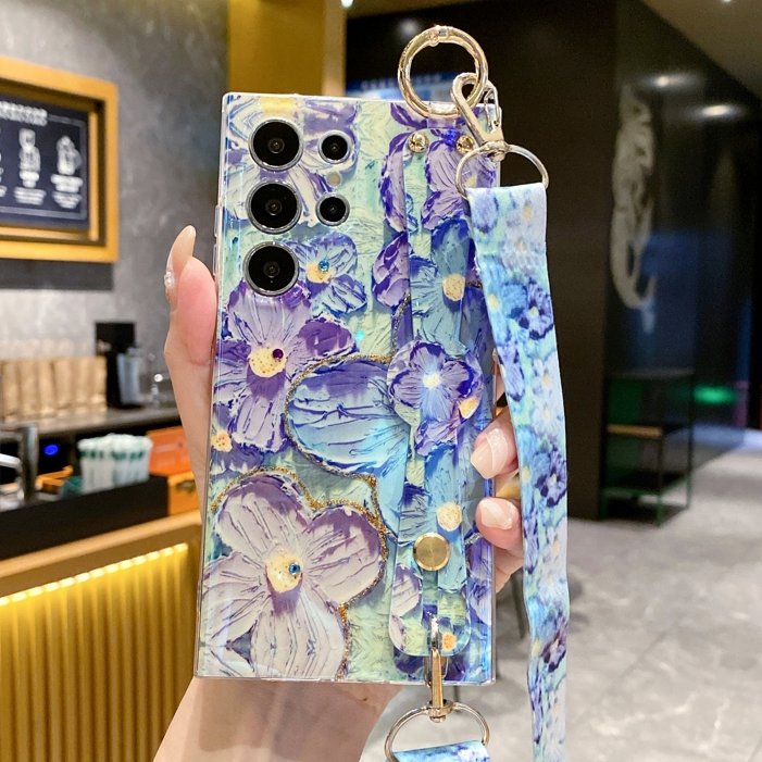 Blu-ray Flower Lanyard Phone Case For Samsung Galaxy A55 A15 A33 A35 A14 A24 A34 A54 A22 5G Wrist Strap Shell Protective Cover