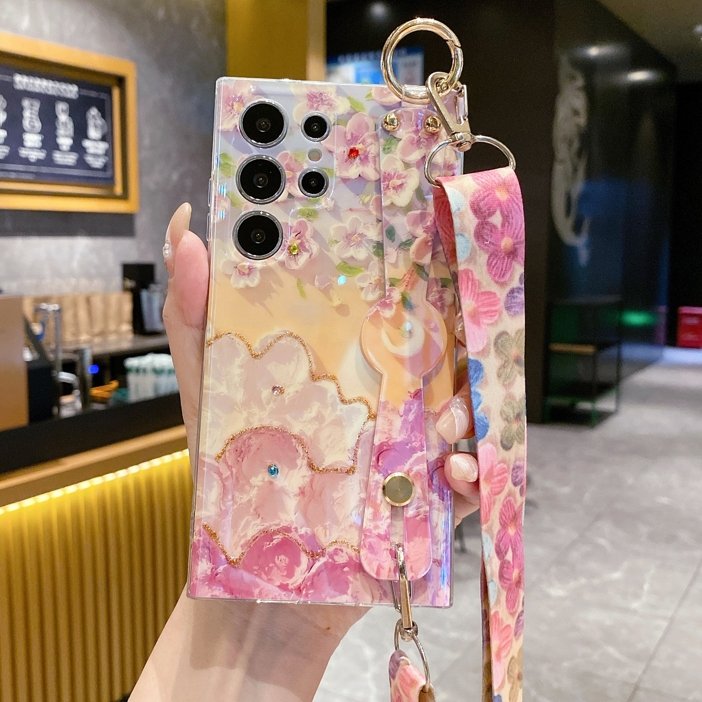 Blu-ray Flower Lanyard Phone Case For Samsung Galaxy A55 A15 A33 A35 A14 A24 A34 A54 A22 5G Wrist Strap Shell Protective Cover