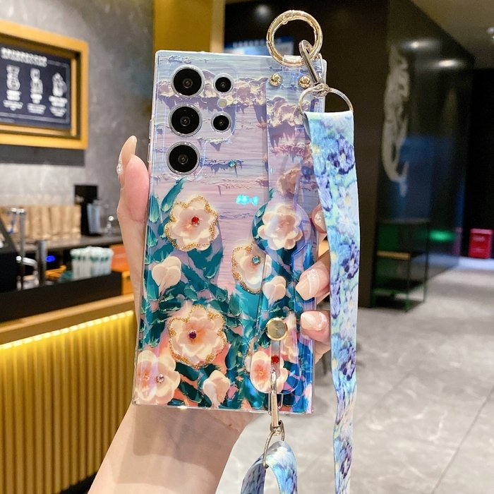 Blu-ray Flower Lanyard Phone Case For Samsung Galaxy A55 A15 A33 A35 A14 A24 A34 A54 A22 5G Wrist Strap Shell Protective Cover