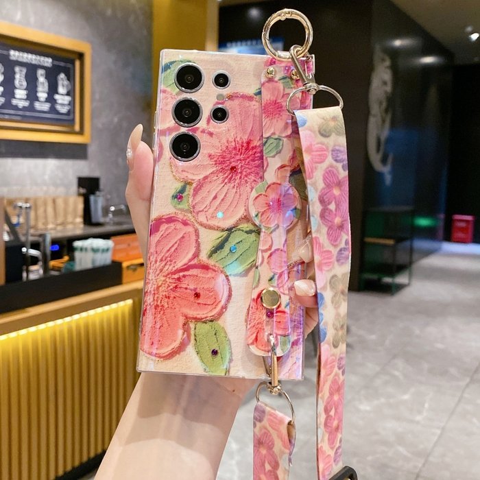 Blu-ray Flower Lanyard Phone Case For Samsung Galaxy A55 A15 A33 A35 A14 A24 A34 A54 A22 5G Wrist Strap Shell Protective Cover