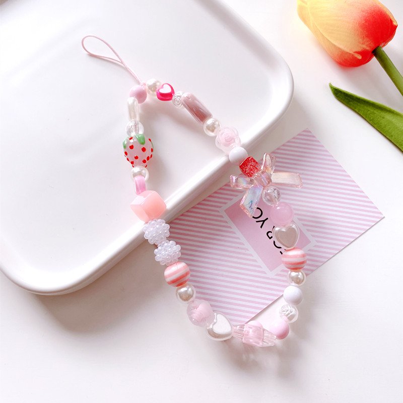 Korean women's handmade Strip crystal bow tie strawberry pink phone chain bead bracelet
