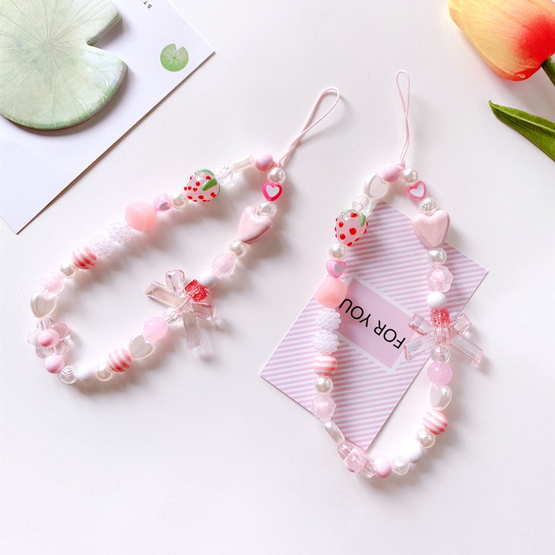 Korean women's handmade Strip crystal bow tie strawberry pink phone chain bead bracelet