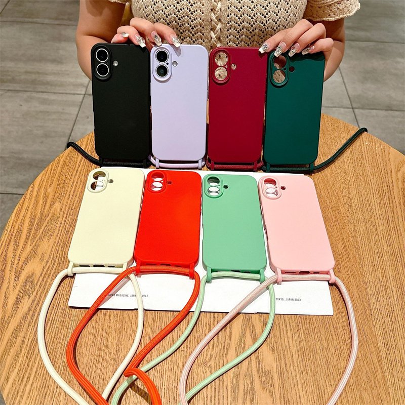 Crossbody Lanyard Strap Matte Liquid Silicone Case For iPhone 16 15 14 13 12 11 Pro Max Necklace Shockproof Soft Bumper Cover