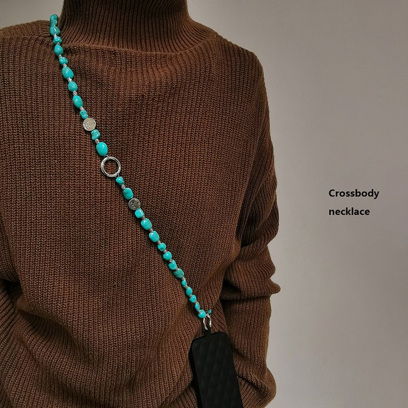Ethnic Style Irregular Imitated Turquoise Beaded Mobile Phone Crossbody Necklace Bag Keys Multi-Purpose Cellphone Pendant Strap