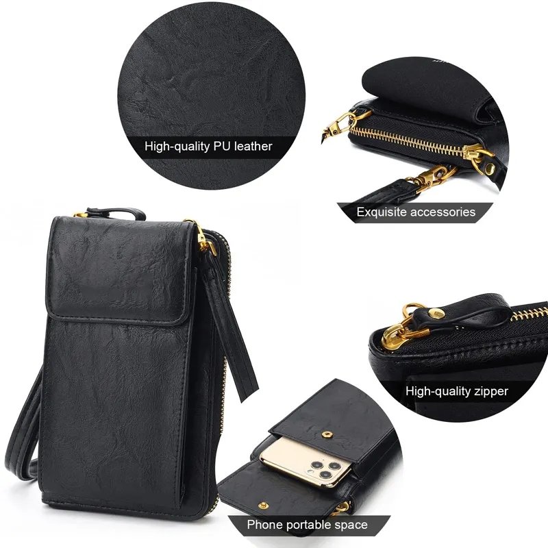 Good Quality Leather Cell Phone Cards Wallet Phone Strap Wallet Mobile Phone Cross Body Purse