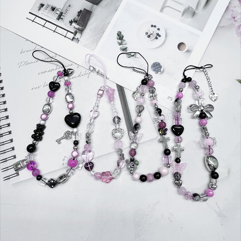 Black Pink Beaded Phone Charms Pendant Jewelry Beads Anti-Lost Lanyard Lovely Handmade Straps