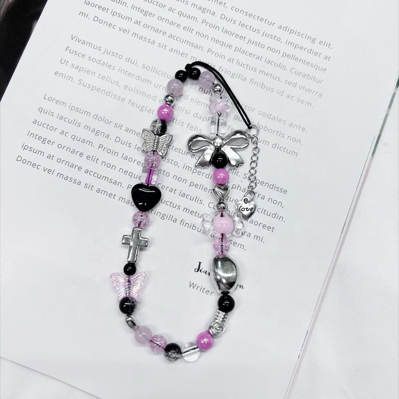 Black Pink Beaded Phone Charms Pendant Jewelry Beads Anti-Lost Lanyard Lovely Handmade Straps