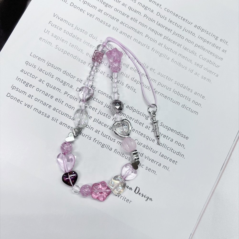 Black Pink Beaded Phone Charms Pendant Jewelry Beads Anti-Lost Lanyard Lovely Handmade Straps