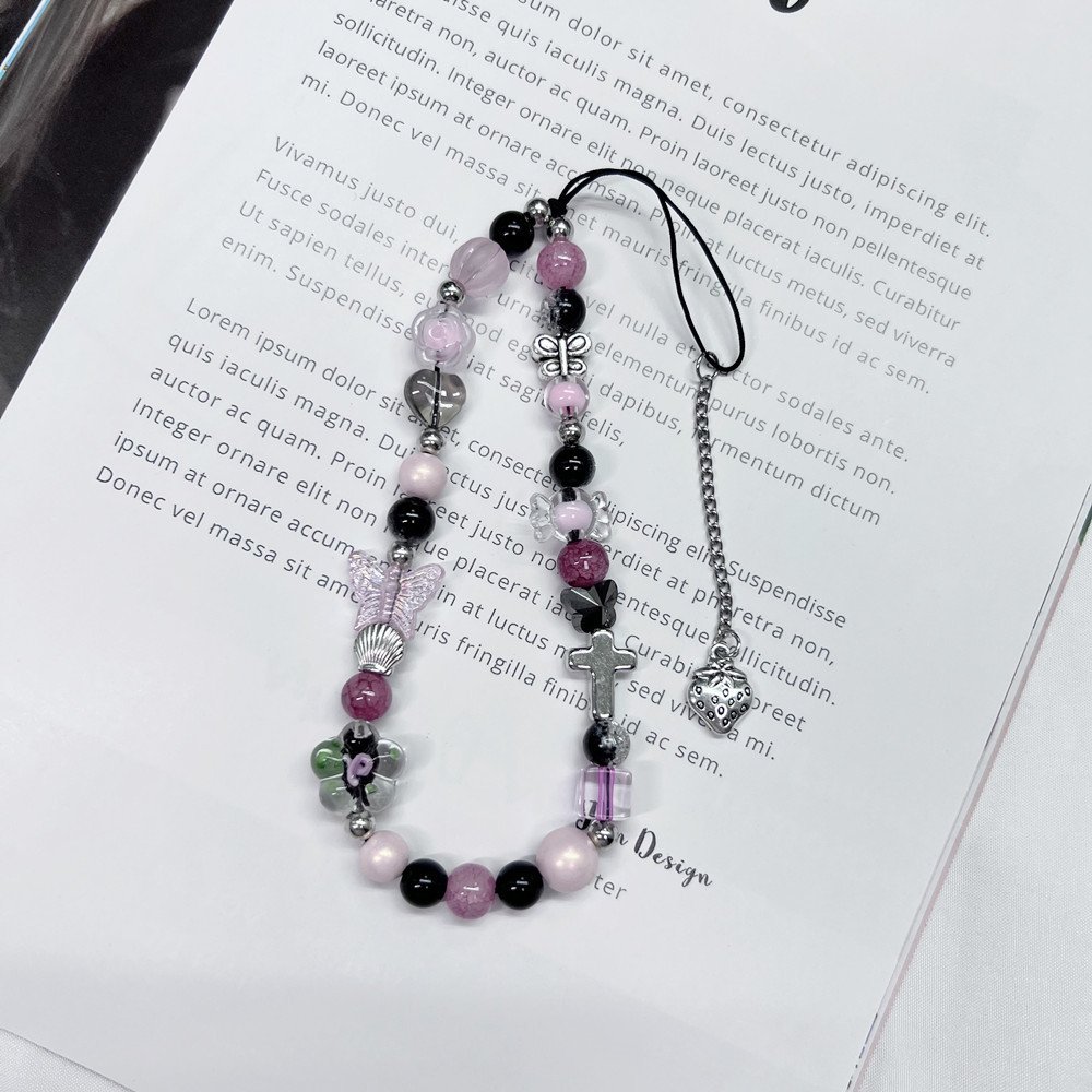Black Pink Beaded Phone Charms Pendant Jewelry Beads Anti-Lost Lanyard Lovely Handmade Straps