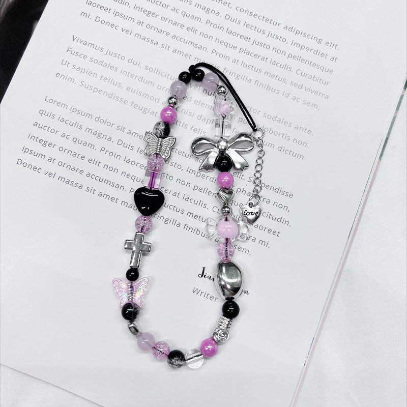 Black Pink Beaded Phone Charms Pendant Jewelry Beads Anti-Lost Lanyard Lovely Handmade Straps