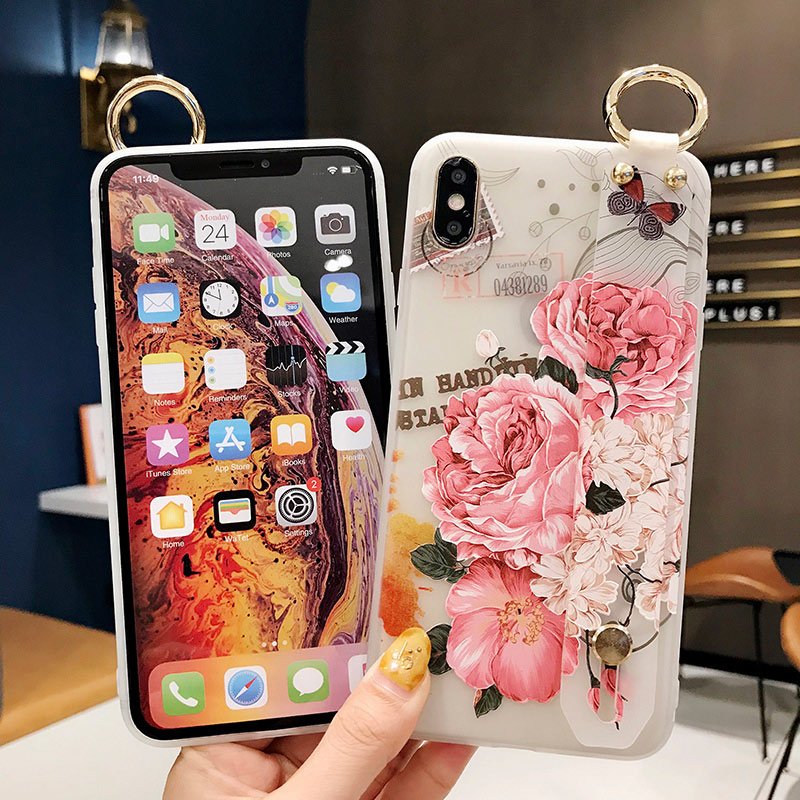 For iPhone 16 Case 3D Print Phone Holder Case For iPhone 16 15 Pro Max Flower Soft TPU Wrist Strap Case