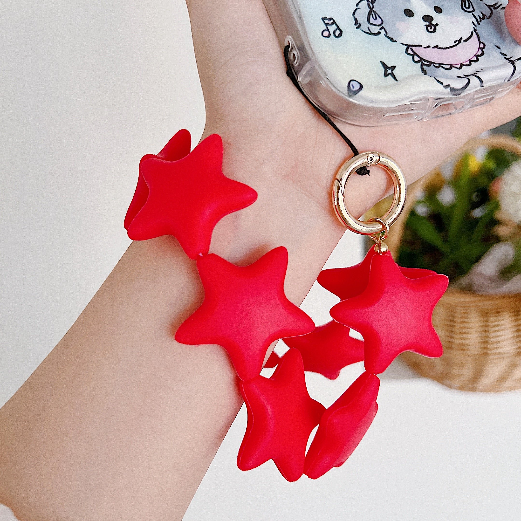 Red Cute girl Silicone Star Bead Phone Lanyard Wrist Strap Soft Keychain Bead Charm Non-Toxic Silicone Mobile Case Accessory