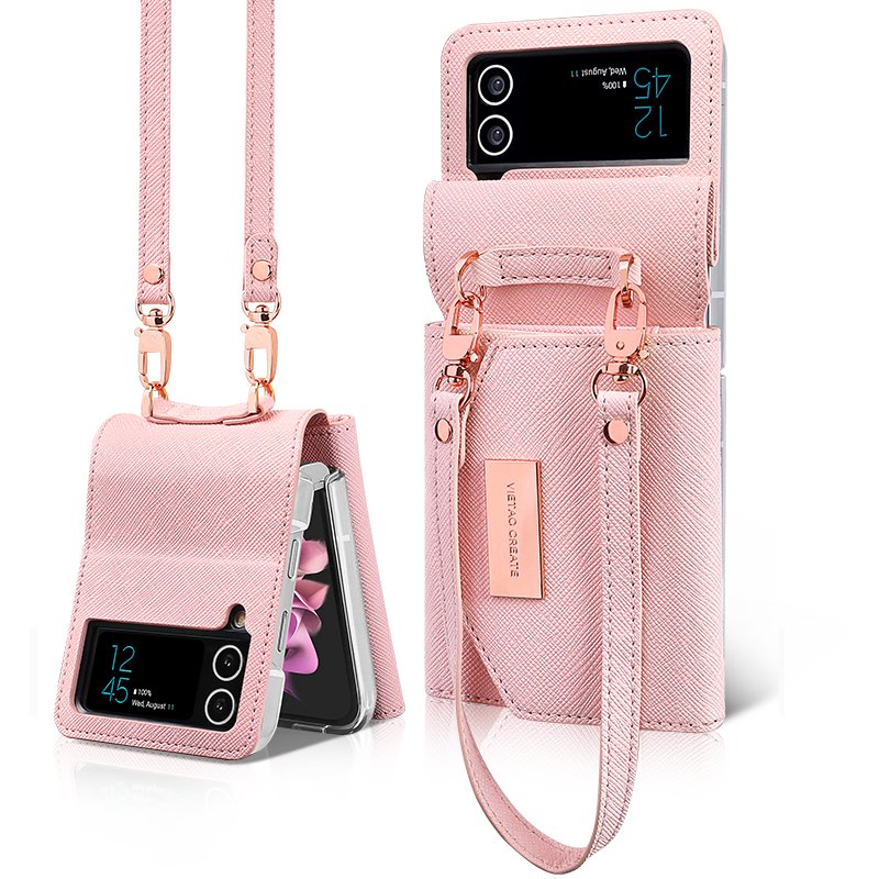 VIETAO Leather Wallet Case Galaxy Z Flip 4 Flip 3 Leather Wallet Phone Case with Hand Strap for Samsung Galaxy Z Flip 6 5 Luxury