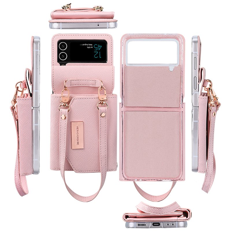 VIETAO Leather Wallet Case Galaxy Z Flip 4 Flip 3 Leather Wallet Phone Case with Hand Strap for Samsung Galaxy Z Flip 6 5 Luxury