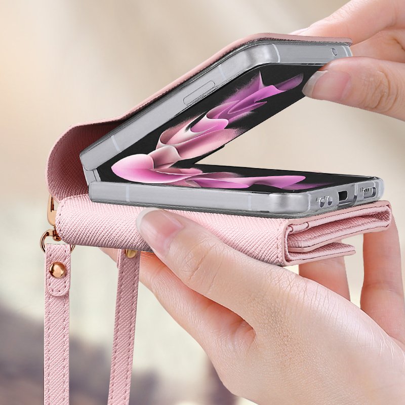 VIETAO Leather Wallet Case Galaxy Z Flip 4 Flip 3 Leather Wallet Phone Case with Hand Strap for Samsung Galaxy Z Flip 6 5 Luxury