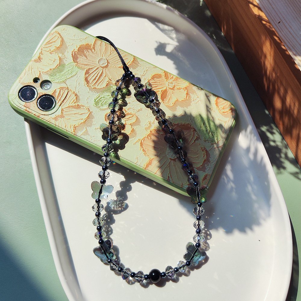 Cute Crystal Butterfly Beaded Phone Wrist Hand Strap Bead Lanyard Chain Bracelet Phone Case Charm Rope Cord Accessories Keychain