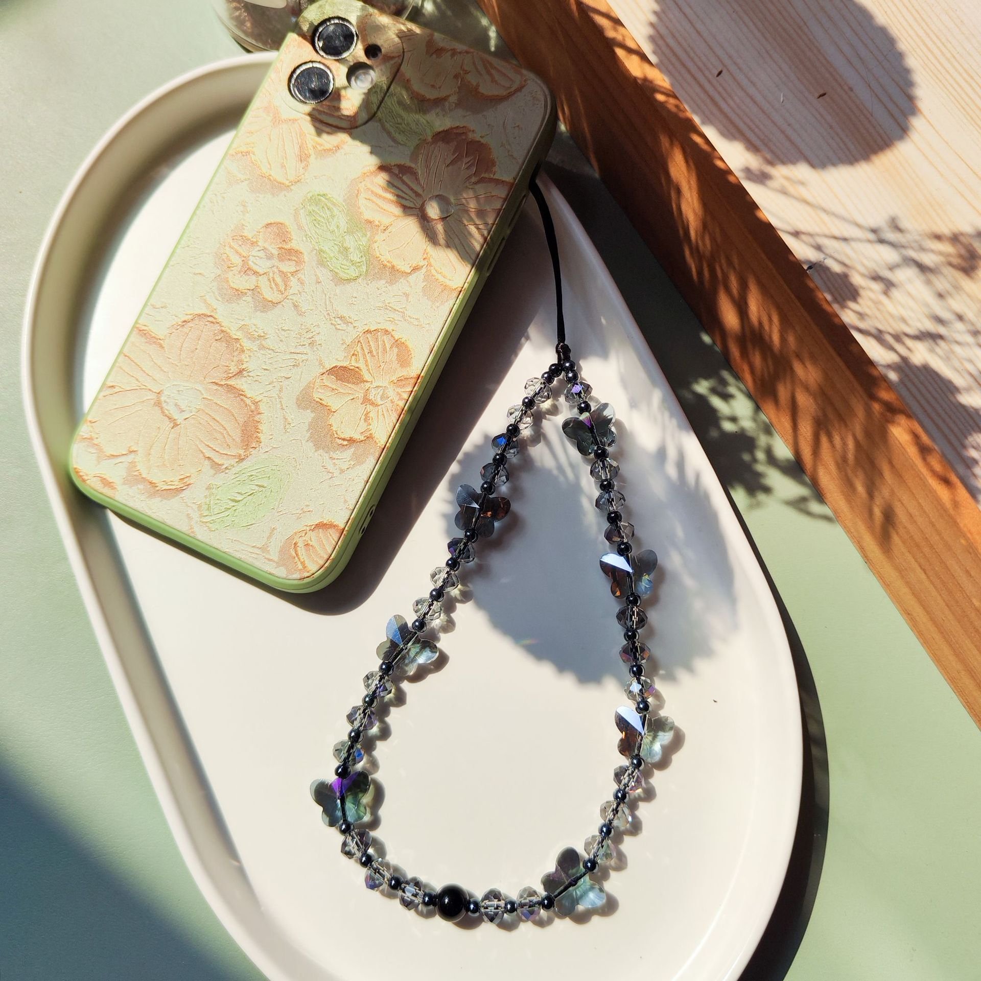 Cute Crystal Butterfly Beaded Phone Wrist Hand Strap Bead Lanyard Chain Bracelet Phone Case Charm Rope Cord Accessories Keychain
