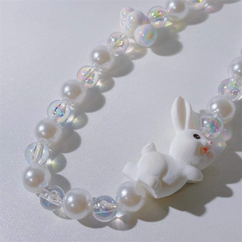 REWIN Cute Rabbit Acrylic Pearl Beads Mobile Phone Key Chain Charm for Girls' Smartphone Case Decor