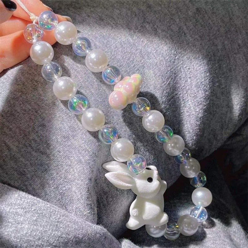REWIN Cute Rabbit Acrylic Pearl Beads Mobile Phone Key Chain Charm for Girls' Smartphone Case Decor