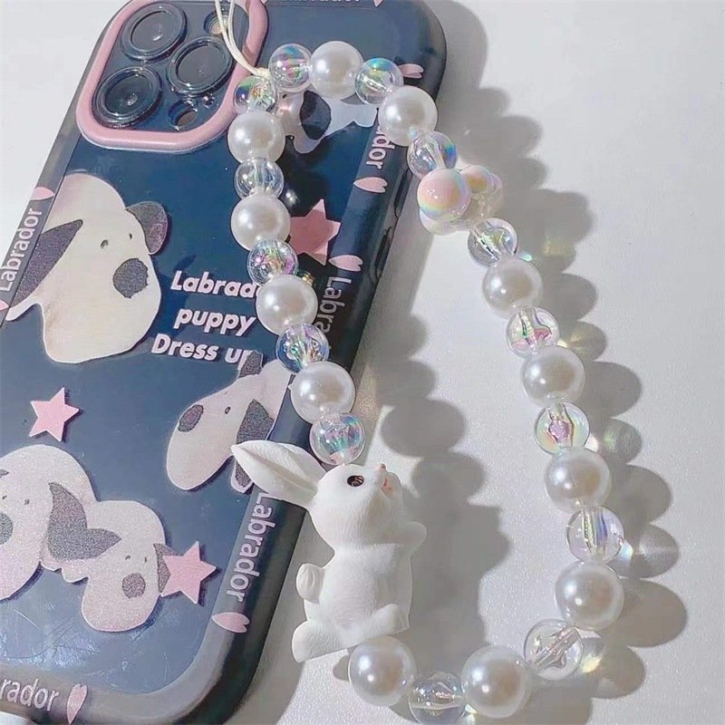 REWIN Cute Rabbit Acrylic Pearl Beads Mobile Phone Key Chain Charm for Girls' Smartphone Case Decor