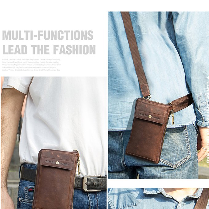 Adjustable Strap Genuine Cowhide Leather Waist Mobile Phone Bag Functional Shoulder Bag Men Cell Phone Sling Bag MB115