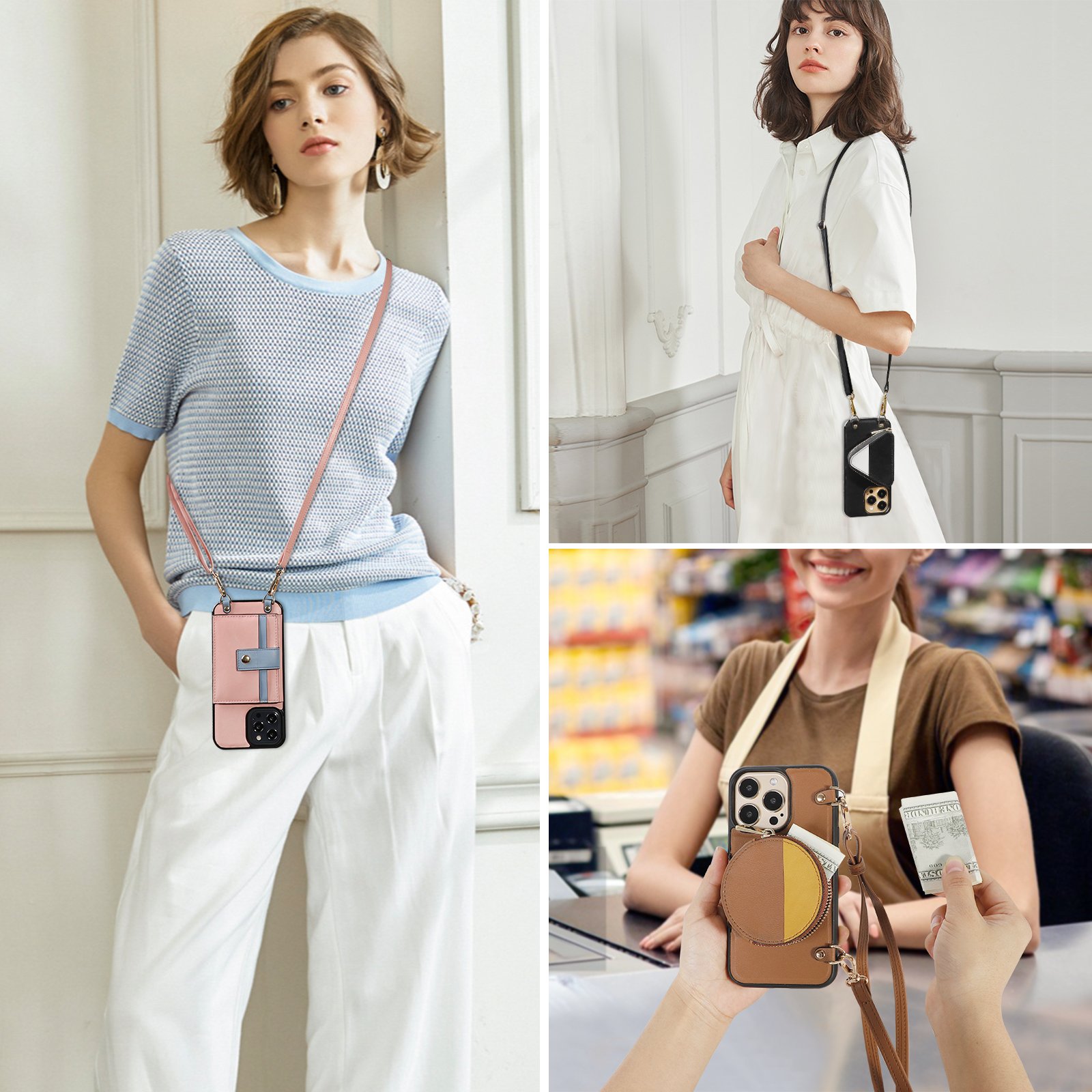 Fashion custom pu leather mobile phone cover card holder luxury crossbody phone case wallet with strap for iphone 15 16