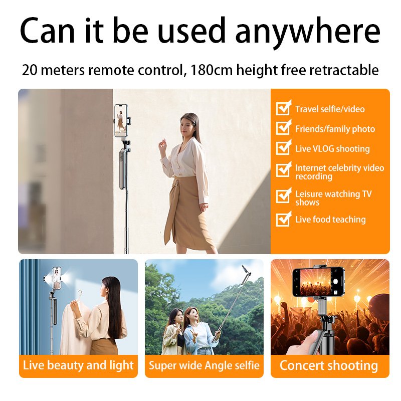 175cm Retractable Wireless Remote Control Selfie Stick with Flexible Lights Live Tripod Mobile Phone Selfie Sticks Strap