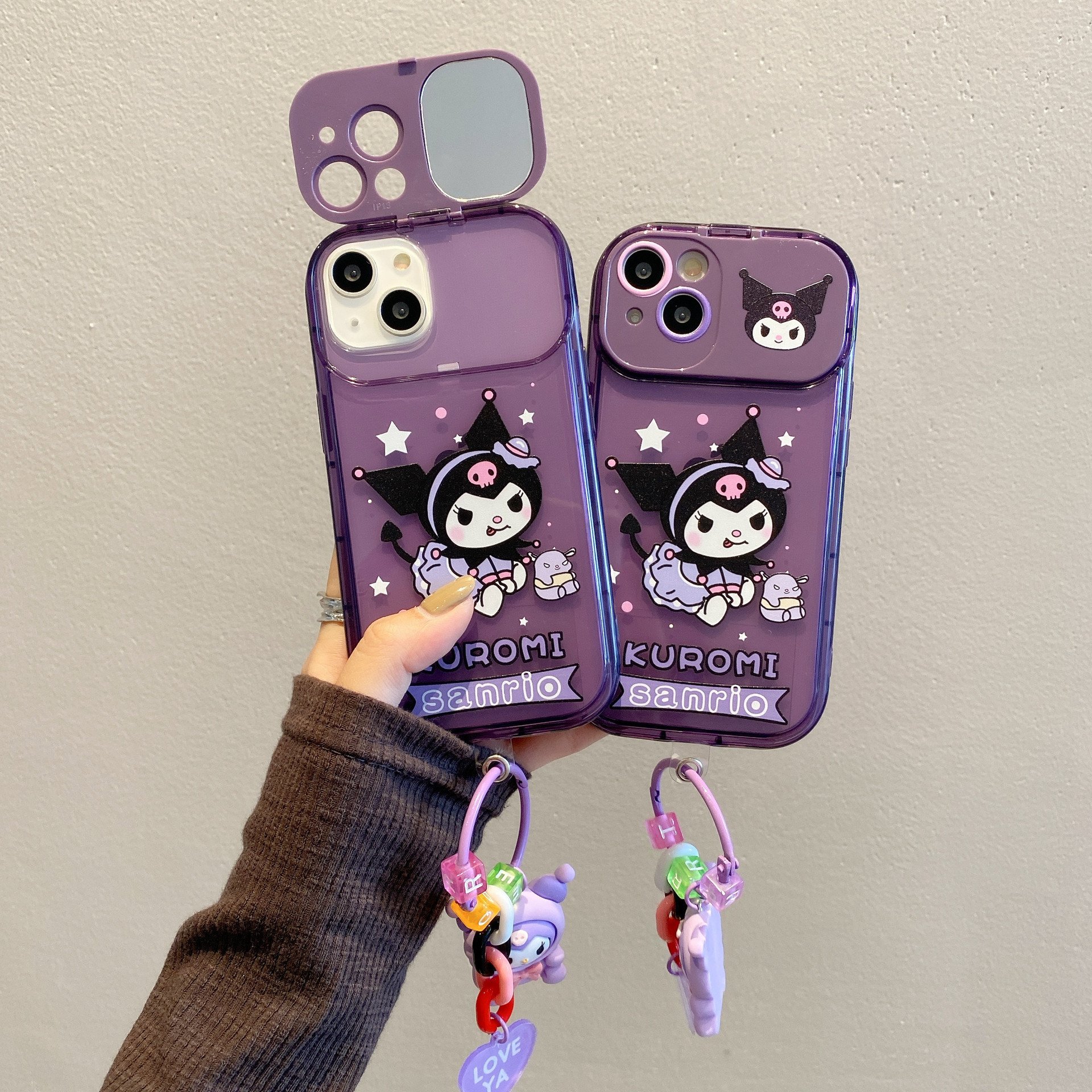 Cartoon Kulomi Mirror holder Silicone Mobile Phone Case For iPhone 15 14 13 12 11 Pro max Stand Cute chain Shockproof Back Cover